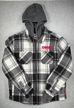 NFL Ultra Game Kansas City Chiefs Plaid Hooded Jacket Sherpa M Cozy Flannel